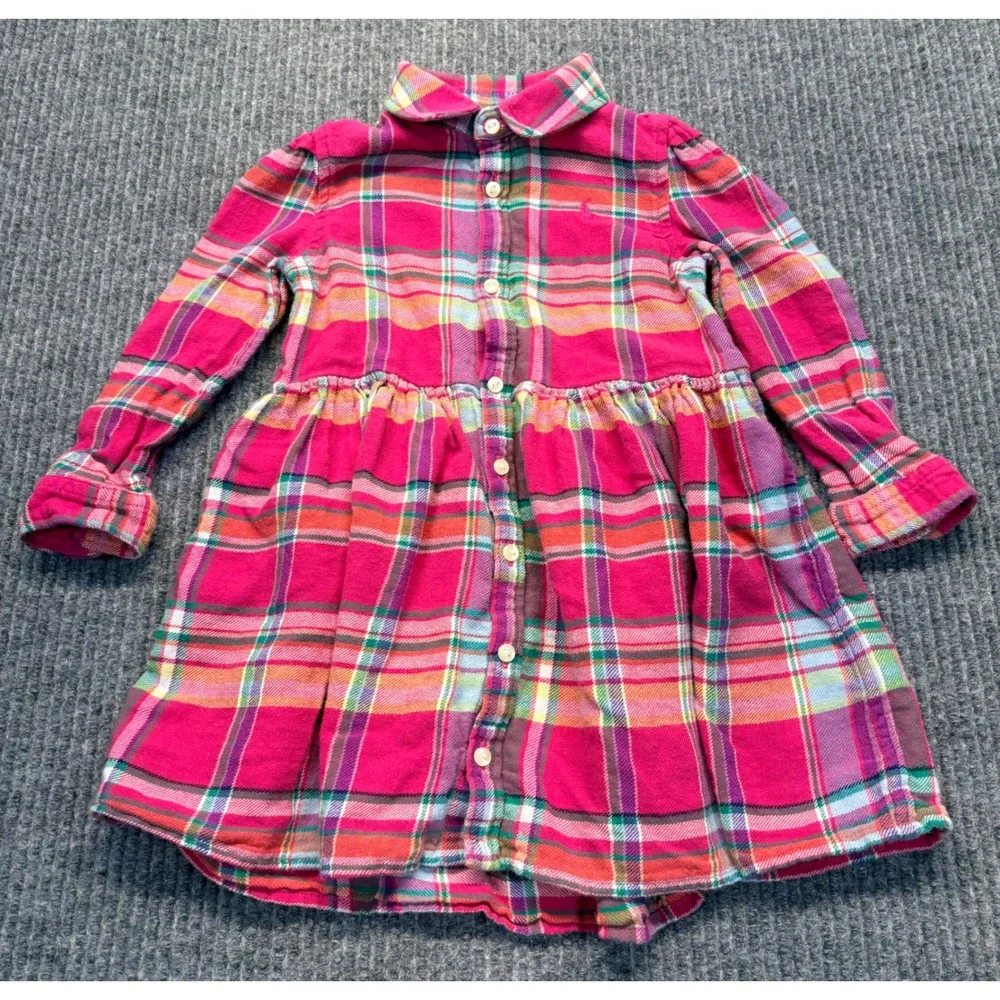 Ralph Lauren Toddler Girls Pink Plaid Flannel Button Down Shirt Dress 24M